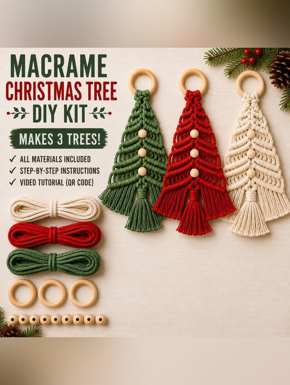 Macrame Christmas Tree DIY Kit – Makes 3 Ornaments 🎄
